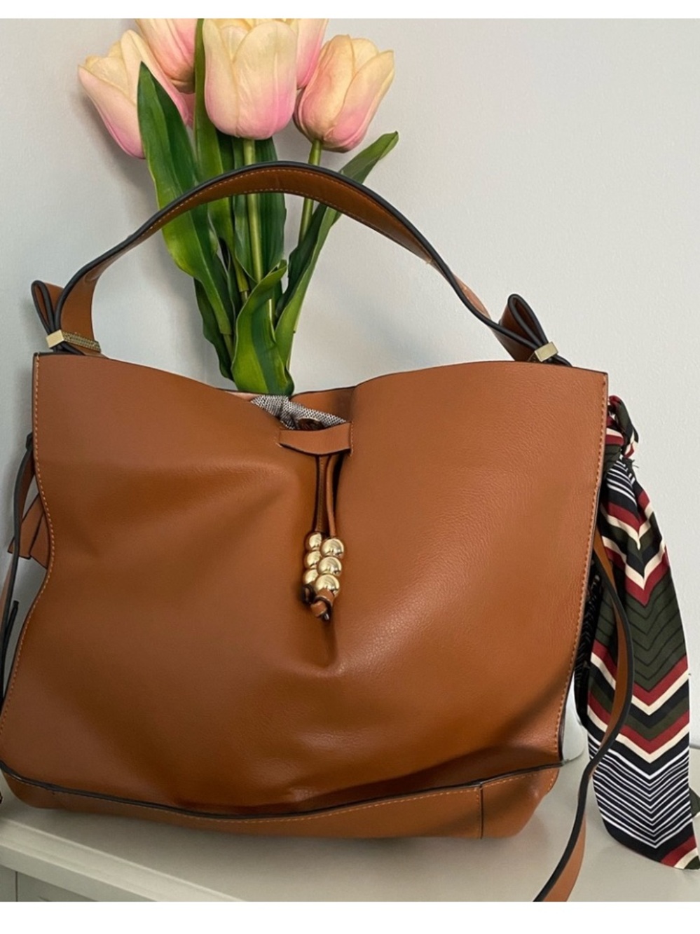 Zara! Brown Leather Hobo Bag with Scarf Accent